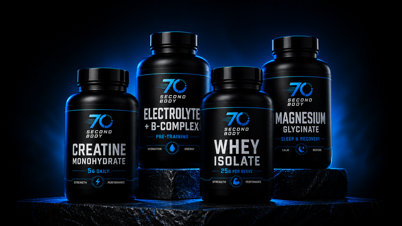 70 Second Body supplement stack: matte black bottles with electric blue accents